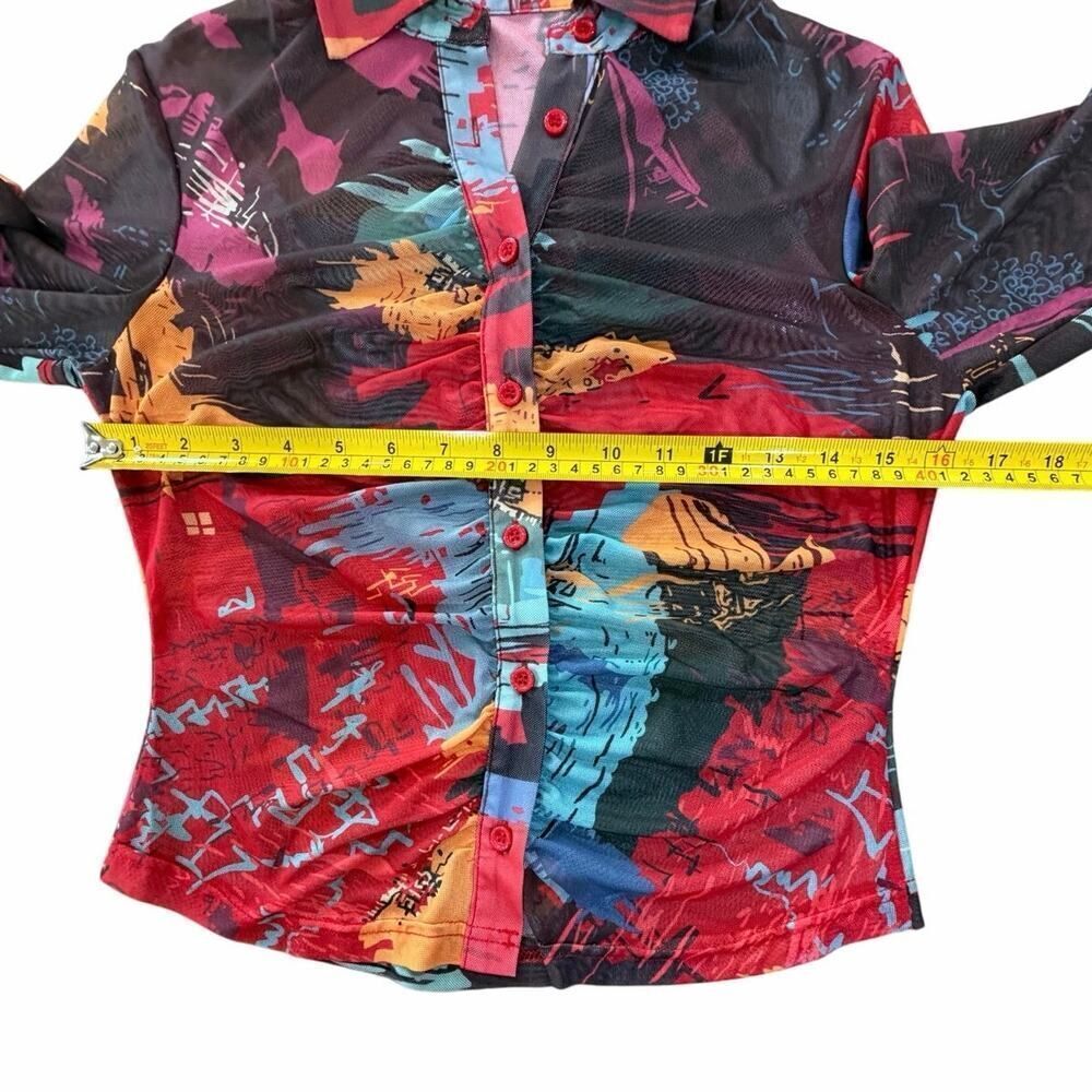 Abstract Y2K Art to Wear Colorful Vibrant Artsy Ruched Button Up Blouse Women XS - Picture 8 of 11